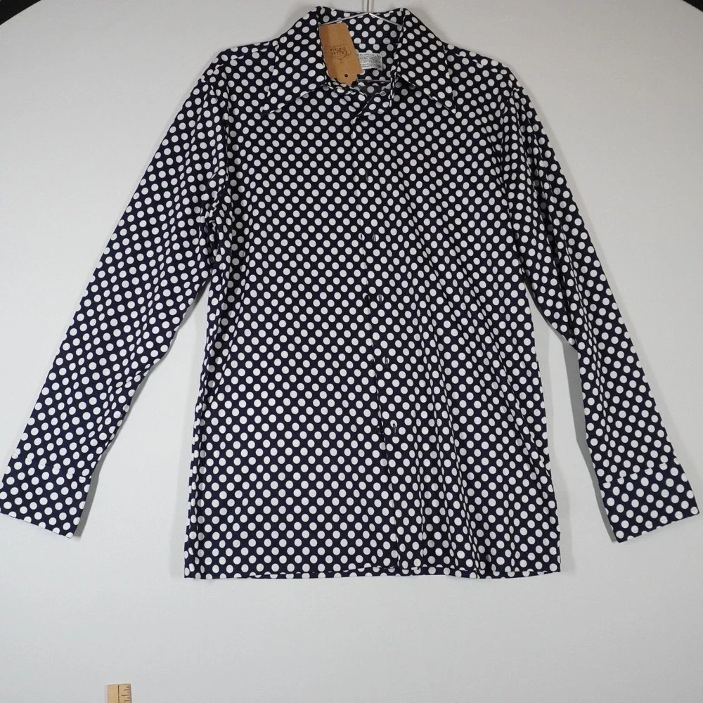 Vintage Kmart Permanent Press Navy Blue White Polka Dot Shirt L 70s Disco MCM